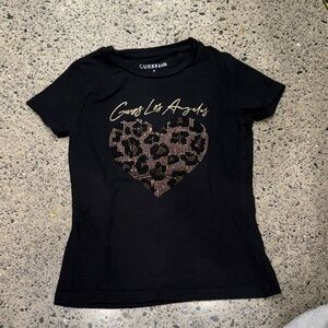 Guess Black Tee with Gold Script and Leopard Heart
